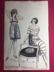 AQUARELL AUF PAPIER SIGNIERT F VON ROQUETAILLADE datiert 20er Jahre Frauen Boudoir - Bild 1 von 8