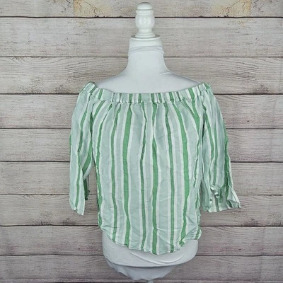 Marks & Spencer UK Linen Blend Green Striped Off the Shoulder BOHO Blouse Size 6 - Image 1 of 4