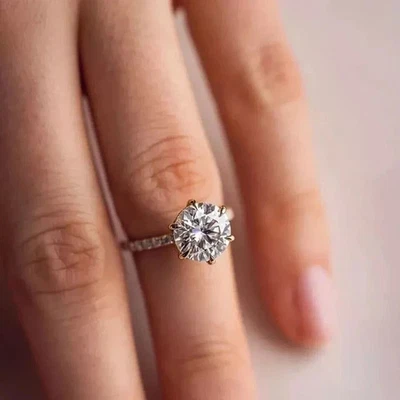 Real Moissanite 3Ct Round Cut Solitaire Engagement Ring 14K Yellow Gold Plated - Image 1 of 4