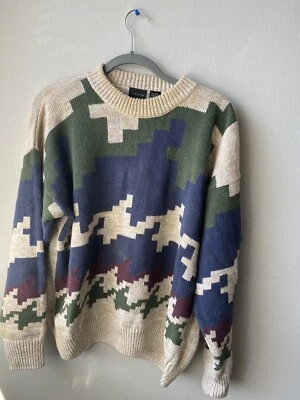 Vintage 90s Structure Abstract Art Print Crewneck Pullover Sweater Medium Blue - Image 1 of 3