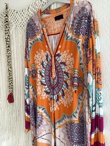 HALLE BOB. Long sleeve Orange Paisley Floral Mini Dress Beach Dress Tunic top. L - Picture 1 of 8