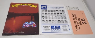 Danville Braves 1993 1st Year Program Scorecard Roster Sheet & Game Ticket VTG - Image 1 of 4