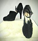 Reduced New, Classy Black Suede, Peep-Toe Ankle Strap Shoes, 4" Heels, Sizes 8,9
