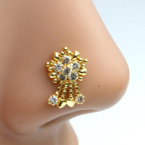Traditional Gold Plated Dangle Indian nose ring White CZ Twisted 22g