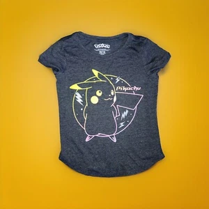 Pokemon Girls Short Sleeve T-Shirt Pikachu Charcoal Heather M 7/8 Nice - Picture 1 of 6