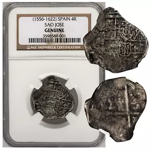 Spain. Colonial (1556-1622) Sao Jose Shipwreck Silver 4 Reales NGC Genuine - Picture 1 of 5