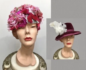 LOT-2) VTG HATS *60s PINK FLOWER BOMB EXPLOSION & 40s BORDEAUX FUR FELT FEDORA* - Picture 1 of 10