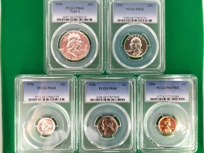 LOT of PR66, 67 & 68 1956 PCGS GRADED SET CAMEO LOOK COINS 50C 25C 10C 5C PENNY - Image 1 of 4