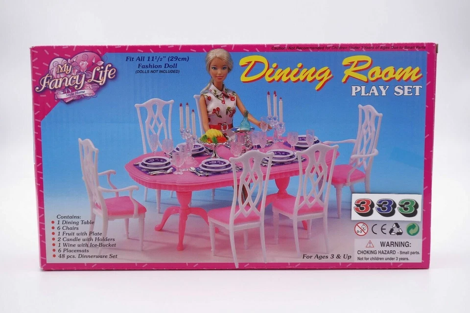 Barbie Size Dollhouse Furniture Dining Room Pink Doll Chair Table Play Set