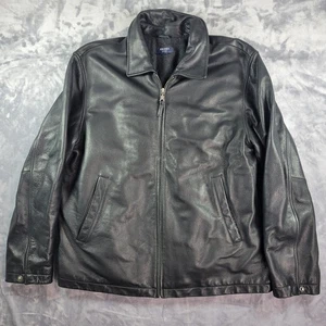 Brooks Brothers Leather Jacket Men L Black Wool Lined Collared Sport - Picture 1 of 6