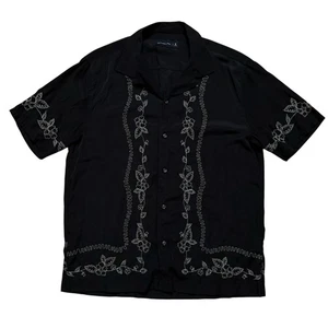 Abercrombie & Fitch Shirt Mens M Short Sleeve Hawaiian Floral Embroidered Black - Picture 1 of 5