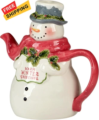 Snowman Greetings 3-D Holiday Teapot – Pour 8.25 x 5.25 x 8.125 inches, Red  - Image 1 of 3
