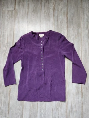 Blusa túnica de colección informal de esquina 100 % seda con botones púrpura manga larga talla L  Foto 1 de 4