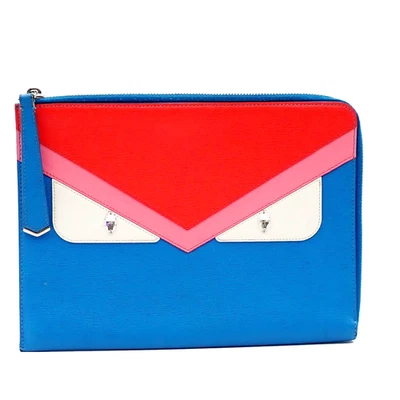 FENDI Logo BAG BUGS Monster Clutch Hand Bag Leather Blue Italy 64KA721 - Image 1 of 4