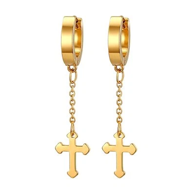 Hip Hop Women Men Cross Chain Stainless Steel Drop Dangle Hoop Earrings Jewelry - Image 1 of 4