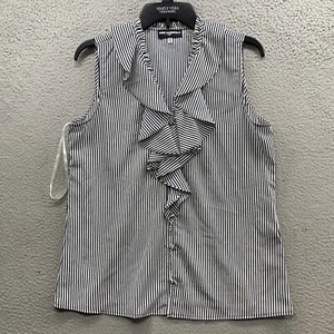 Karl Lagerfeld Women’s M Sleeveless Tank Top Blouse Striped Ruffle Button Up - Picture 1 of 12