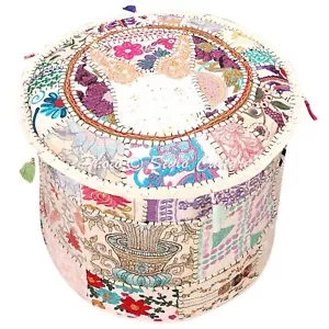 Indian Vintage Embroidered Patchwork Ottoman Pouf White Footstool Ethnic Decor - Picture 1 of 5