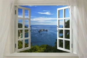 WINDOW TO MAGIC BAY landschaftliches Poster 20x30 BLUE SKY WATER Klippen Insel NEU - Bild 1 von 1