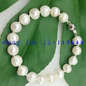 Natural 9-10mm White Freshwater Cultured Pearl Bead Bracelet 7.5" - Picture 1 of 4