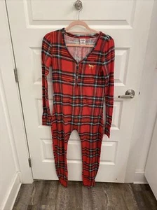 VICTORIAS SECRET Pink Sz M Santa Wanna? Thermal Long Jane Waffle One Piece PJ R - Picture 1 of 7