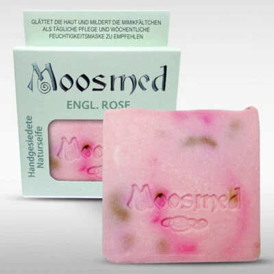 Handgesiedete Seife, Englische Rose fein schäumend, Moosmed, trockene Haut vegan