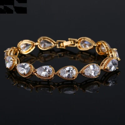 7英寸梨形网球手链女式白色黄玉立方锆石黄金填充礼物 — 第 1/4 张图片