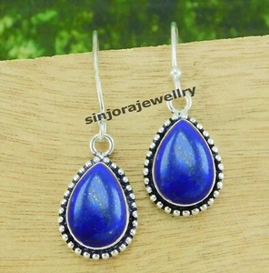 Lapis Lazuli Gemstone 925 sterling silver handmade Dangle/Drop Earrings 1.25" - Picture 1 of 4