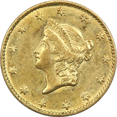 1849 No L Type 1 Liberty Head Gold Dollar $1, About Uncirculated AU, Open Wreath - Image 1 of 2