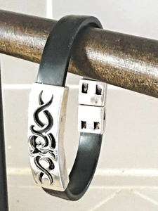 Men's Sterling Silver Wave Design and Black Rubber Bracelet 8" - Picture 1 of 10
