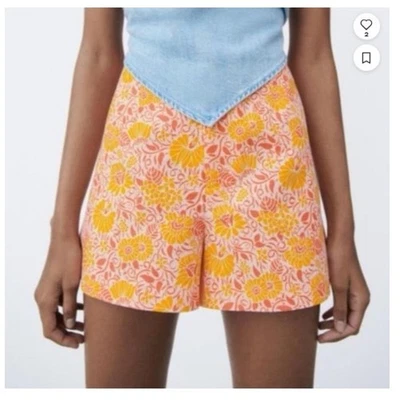 Новый с Ярлыками Zara льняной хлопок цветочный шорты размер большой розовый оранжевый - Изображение 1 из 4