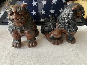 Paar japanische Shishi Hunde Wächter Löwe Keramik Statuen rot schwarz 8 Zoll - Bild 1 von 7