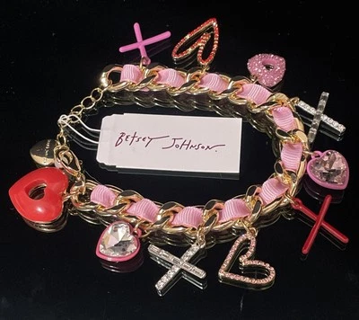 Betsey Johnson Red Pink Hearts Charm Bracelet Rhinestone Gift Box NWT - Image 1 of 4