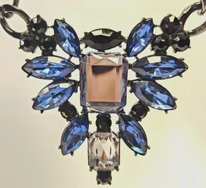 Bauble Bar Statement Necklace Navette Emerald Cut Rhinestones Clear Blue Black - Picture 1 of 8