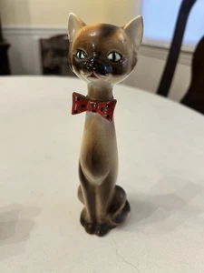 Vintage MCM Siamkatze trägt rot schwarz gepunktete Fliege Figur Japan kitschig - Bild 1 von 6