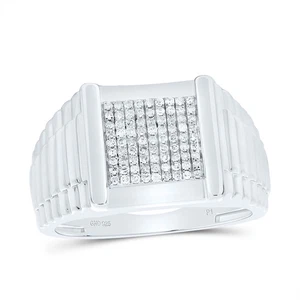 925 Sterling Silver Natural Diamond 14mm Tiered Grooves Square Pinky Ring 1/3 CT - Picture 1 of 1