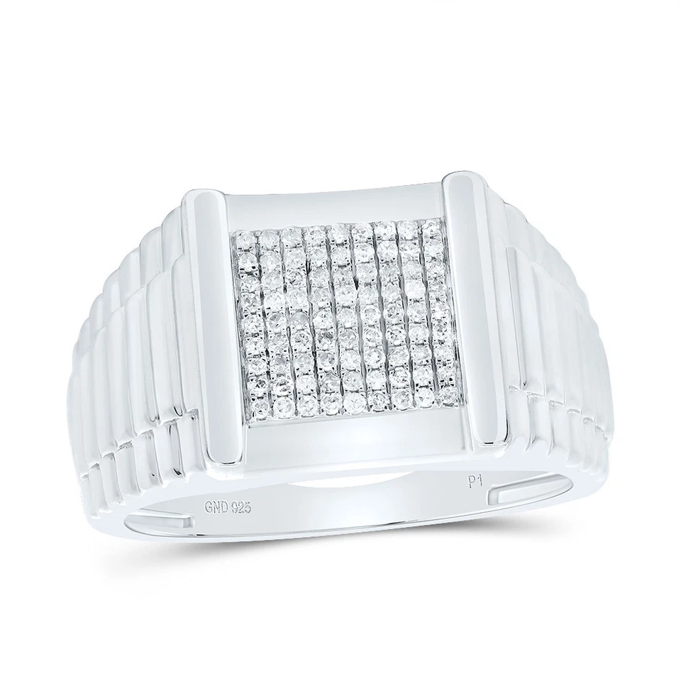 925 Sterling Silver Natural Diamond 14mm Tiered Grooves Square Pinky Ring 1/3 CT - Image 1 of 1