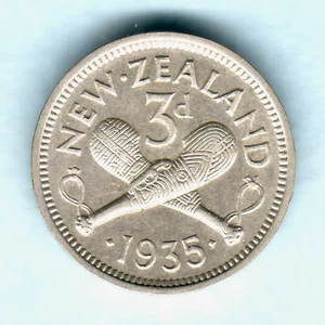 New Zealand. 1935 Threepence..  Part Lustre - VF/gVF..  SCARCE - Picture 1 of 2