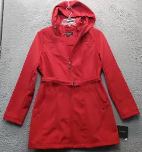 Ellen Tracy Trench Coat Womens Medium Red Belted Fleece Lined Hooded Full Zipper - Picture 1 of 12