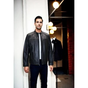 Michael Kors Men's Moto Leather Jacket with Perforated Panel - Picture 1 of 2