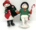 Pair Of Snowman Candycane Annalee Mobilitee Dolls Red Hat Is 10" Black Hat Is 9"