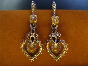 BARBARA BIXBY EARRINGS BLUE TOPAZ GEMSTONE HEART DANGLE 18KSS CARVED FLOWER Gift - Picture 1 of 1