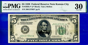 1928 $5 Federal Reserve note PMG 30 Kansas City star Fr 1950-J - Picture 1 of 2