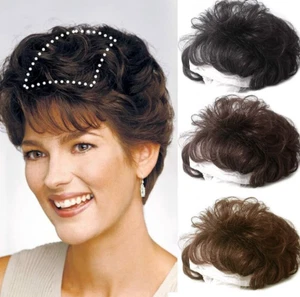 Kurzer lockiger Echthaar Topper mit Frontpony für Damen, atmungsaktive Perücken - Bild 1 von 35
