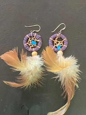 Pendientes de cuero púrpura atrapasueños pluma turquesa plata de ley 925 Foto 1 de 4