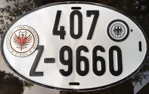 VW 1960S TIROL TOURINGCLUB BADGE on GERMAN  OVAL LICENSE PLATE Brass/Enamel - Picture 1 of 12