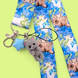 CUTE KITTEN & FLOWERS LANYARD blue neckstrap & fuzzy gray cat charm keyring Y6 - Picture 1 of 5