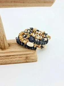 Natural, Black & Gold Wooden Beaded Coil Bracelet - Picture 1 of 5