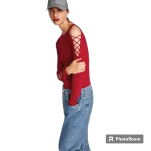 Zara Damen Pullover rot Strick Langarm gerippt Schnürung Akzent Größe L - Bild 1 von 8