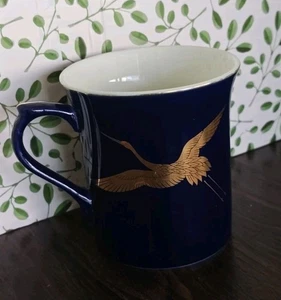 Takahashi Handpainted Cobalt Blue, Gold Crane Coffee Mug, Vintage 1980s  - Picture 1 of 7