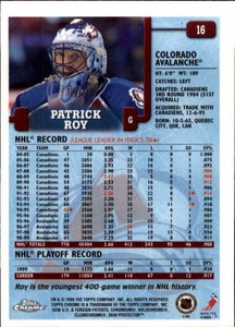 1999-00 Topps Colorado Avalanche Hockey Card #16 Patrick Roy